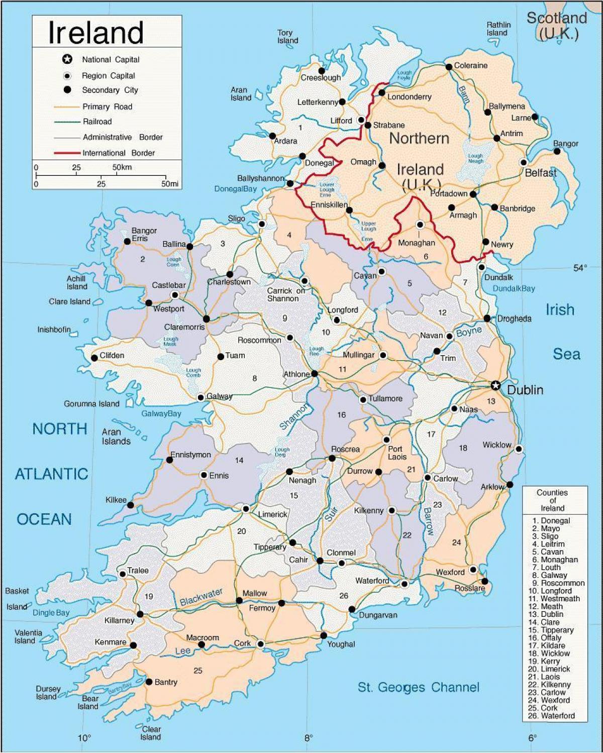 county map of ireland with cities